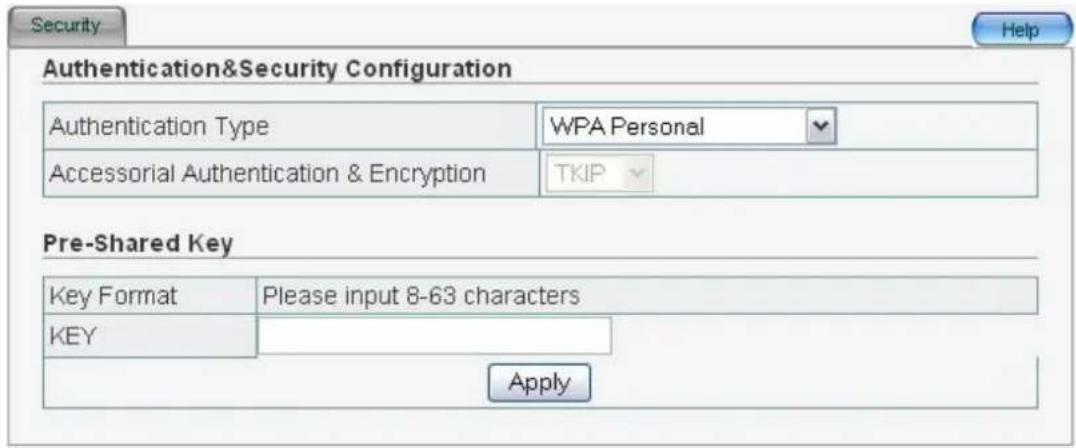 Authentication&Security Configuration Authentication Type WPA Personal Accessorial Authentication & Encryption TKIP Pre-Shared Key Key Format Please input 8-63 characters KEY Apply