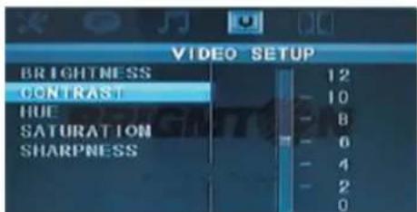 VIDEO SETUP BRIGHTNESS CONTRAST HUE SATURATION SHARPNESS 12 10 8 6 4 2 0