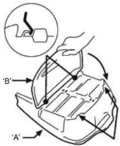 Diagram illustrating a mechanical or electrical component with labeled points A, B, and directional arrows indicating movement or assembly.