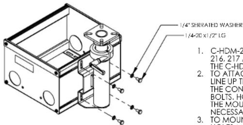 1/4" SERRAID WASHER 1/4-20 x 1/2" LG 1. C-HDM-2 216, 217 x THE C-HD 2. TO ATTAC LINE UP TH THE CON BOLTS, HO THE MOUNT NECESSA 3. TO MOUNT