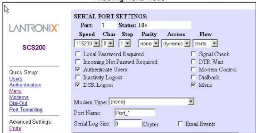 Lantronix SCS100 - Enabling Menu Mode for a Port - 2