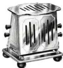 Metallic toaster with vent slots and wheels (no text or symbols visible)