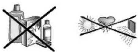 Two safety symbols: a crossed-out box and a crossed-out sun with light rays, both marked with black crosshairs.