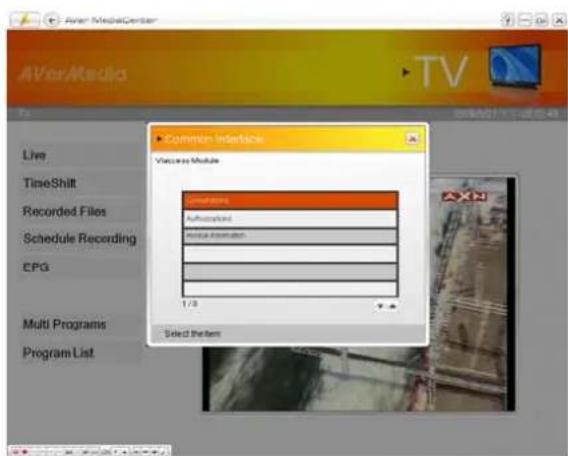 AVer MediaCenter TV Live TimeShift Recorded Files Schedule Recording EPG Multi Programs Program List Common Interface Welcome Module Conditions Affordication Media Information 1/3 Select the item