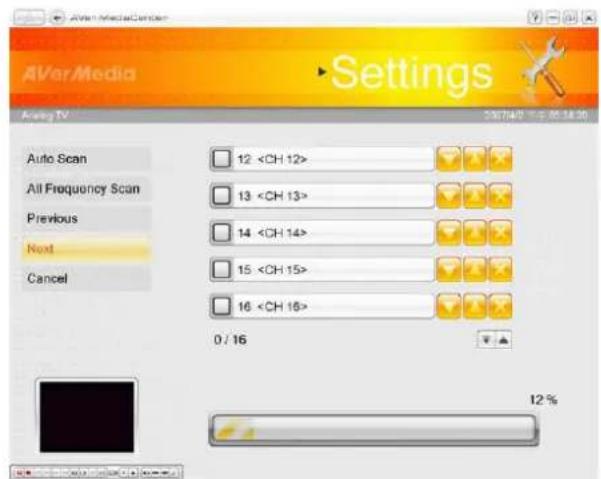 AVAR Media Settings Auto Scan 12 All Frequency Scan 13 Previous 14 Next 15 16 Cancel 0 / 16 12 %