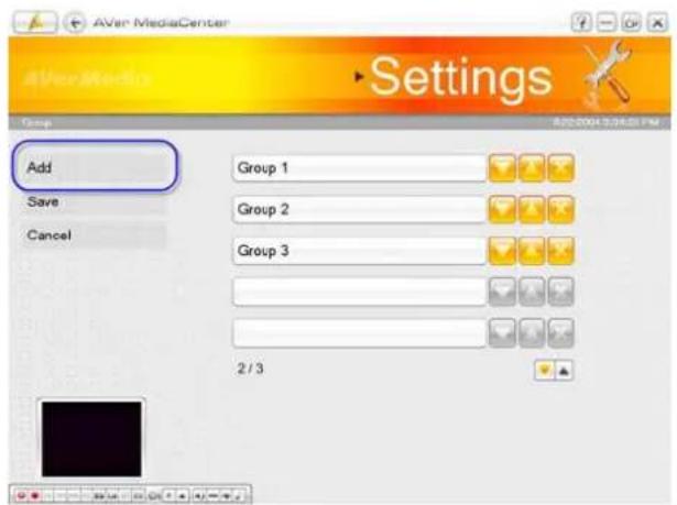 AVer MediaCenter Settings Add Group 1 Save Group 2 Cancel 2 / 3