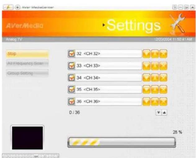 AVerMediaCenter AVerMedia Settings Analog TV 12/02/2004 11:50 41 AM Stop All Frequency Scan Group Setting 32 33 34 35 36 0 / 36 28 %