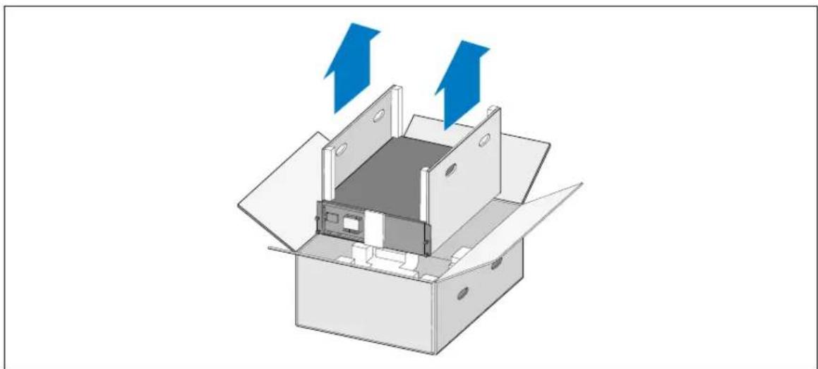 Illustration of an open box with a gray internal component and two blue arrows pointing upward (no text or symbols)