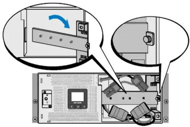 Diagram showing device rear panel with labeled components and a blue circular arrow indicating rotation direction