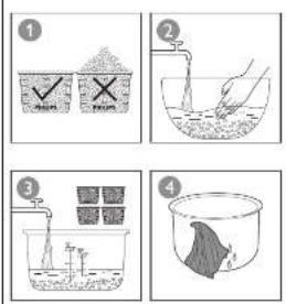 Four-step educational diagram showing a chemical experiment with checkmarks and X marks, followed by a beaker, and a beaker with a dark liquid.