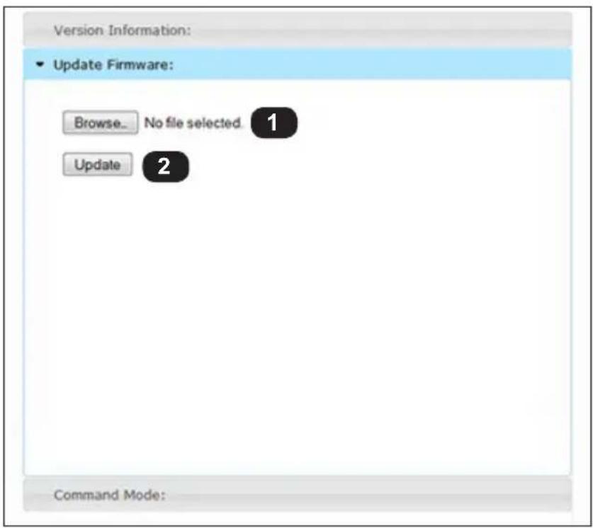 Version Information: Update Firmware: Browse... No file selected. 1 Update 2 Command Mode: