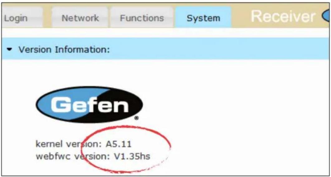 Login Network Functions System Receiver ▼ Version Information: Gefen® kernel version: A5.11 webfwc version: V1.35hs