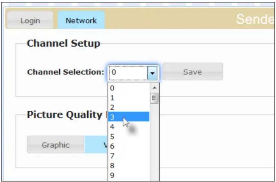 Login Network Sende Channel Setup Channel Selection: 0 Save Picture Quality 3 4 5 6 7 8 9