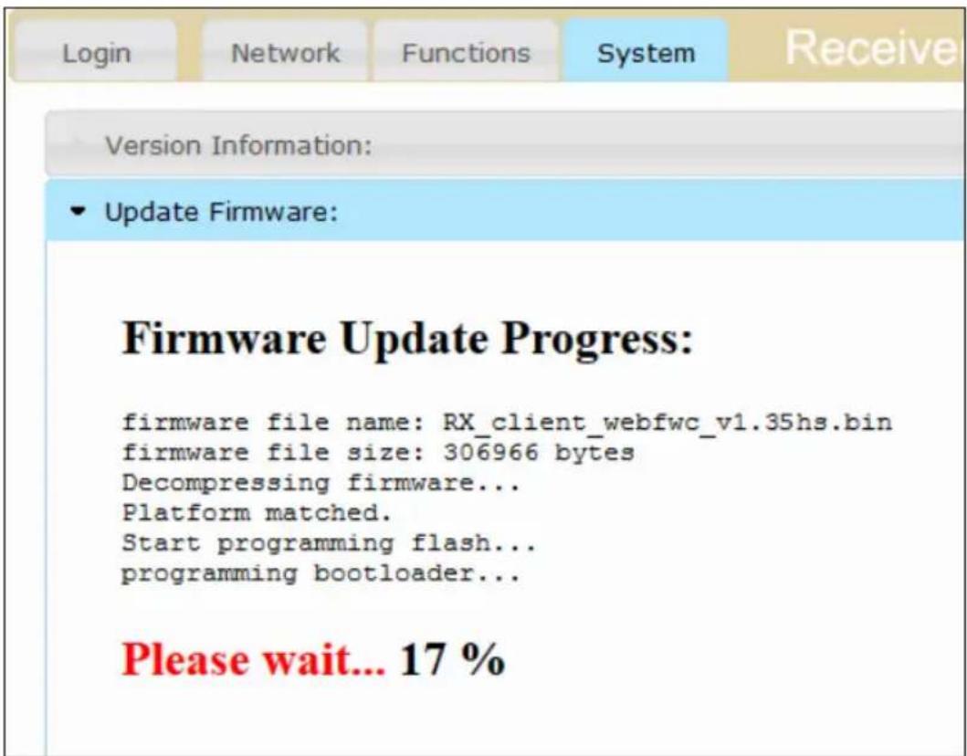 Login Network Functions System Receive Version Information: Update Firmware: Firmware Update Progress: firmware file name: RX_client_webfwc_v1.35hs.bin firmware file size: 306966 bytes Decompressing firmware... Platform matched. Start programming flash... programming bootloader... Please wait... 17 %