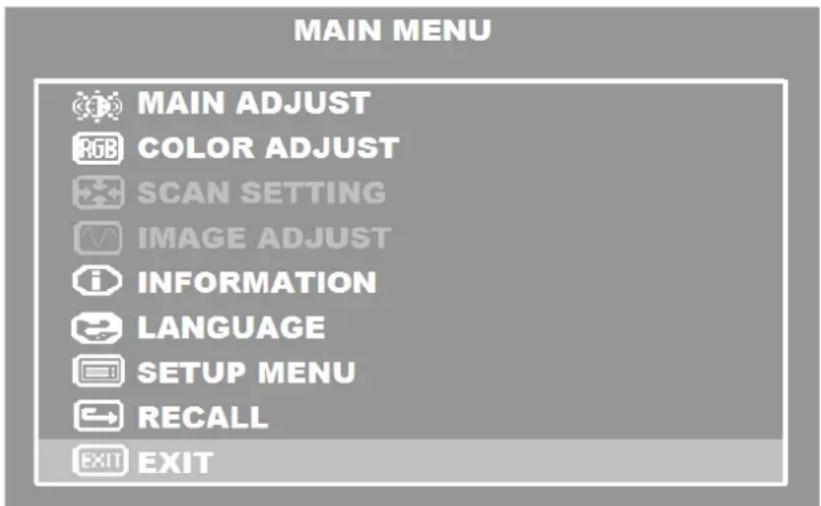 MAIN MENU MAIN ADJUST RGB COLOR ADJUST SCAN SETTING IMAGE ADJUST i INFORMATION LANGUAGE SETUP MENU RECALL EXIT EXIT