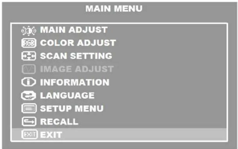 MAIN MENU MAIN ADJUST RGB COLOR ADJUST SCAN SETTING IMAGE ADJUST INFORMATION LANGUAGE SETUP MENU RECALL EXIT EXIT