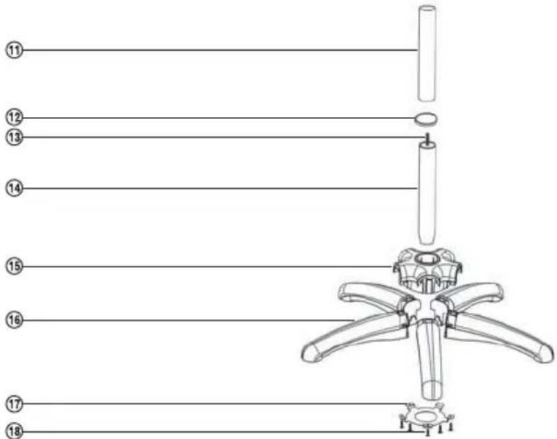 Technical diagram of a mechanical assembly with numbered parts, including a central component and a exploded view of the base.