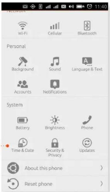 NETWORK Wi-Fi Cellular Bluetooth Personal Background Sound Language & Text Accounts Notifications System Battery Brightness Phone Time & Date Security & Privacy Updates About this phone > Reset phone >