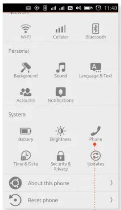 Facebook Wi-Fi Cellular Bluetooth Personal Background Sound Language & Text Accounts Notifications System Battery Brightness Phone Time & Date Security & Privacy Updates About this phone > Reset phone >