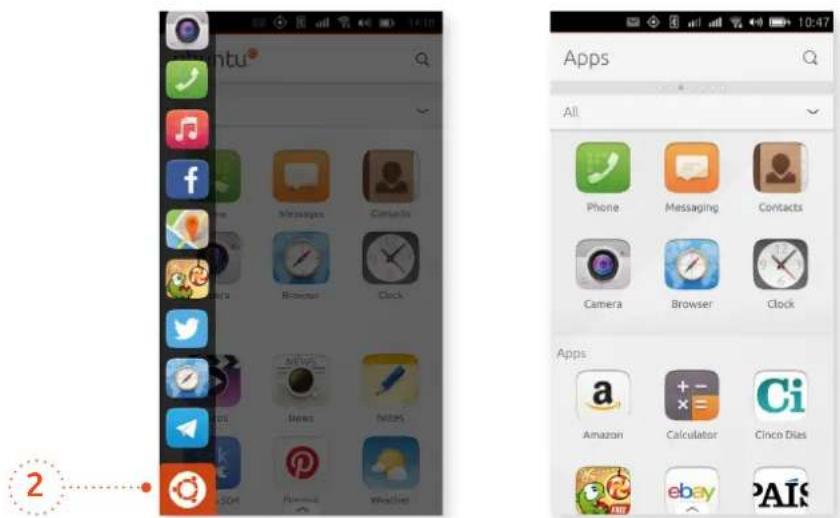 Screenshot of a mobile app interface showing the left screen with app icons and the right app menu displaying apps like Phone, Messaging, Contacts, Camera, Browser, and others.