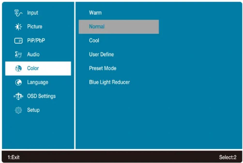 Input Picture PiP/PbP Audio Color Language OSD Settings Setup Warm Normal Cool User Define Preset Mode Blue Light Reducer 1:Exit Select:2