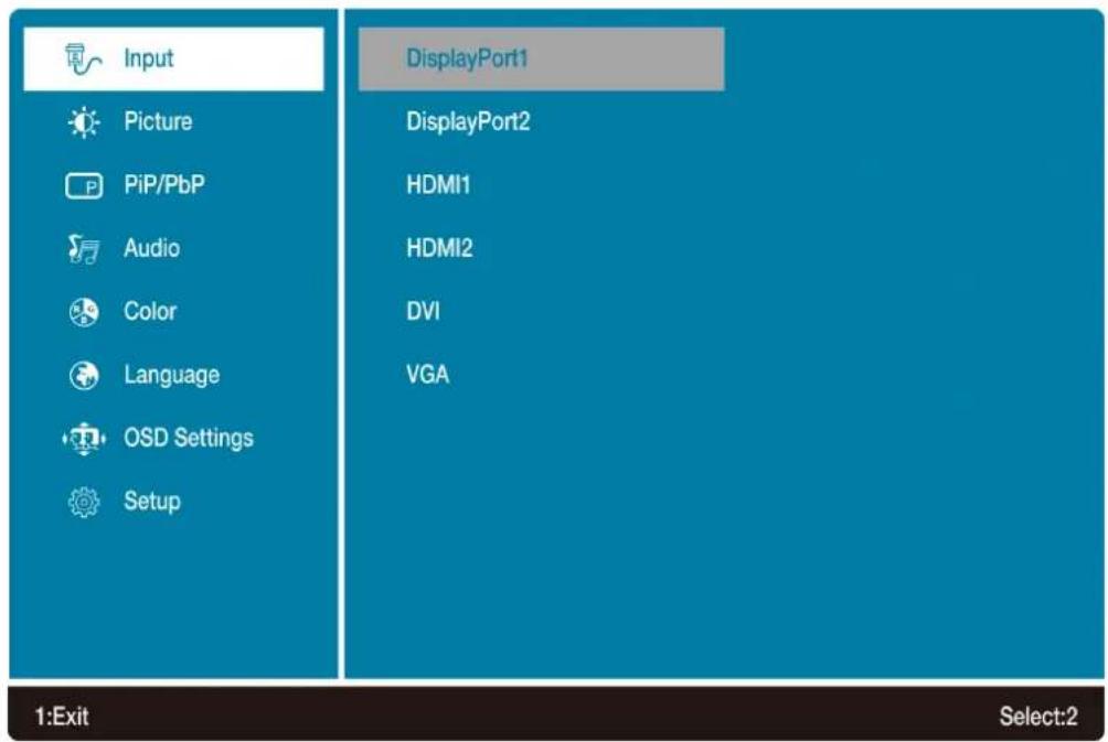 Input Picture PiP/PbP Audio Color Language OSD Settings Setup DisplayPort1 DisplayPort2 HDMI1 HDMI2 DVI VGA 1:Exit Select:2