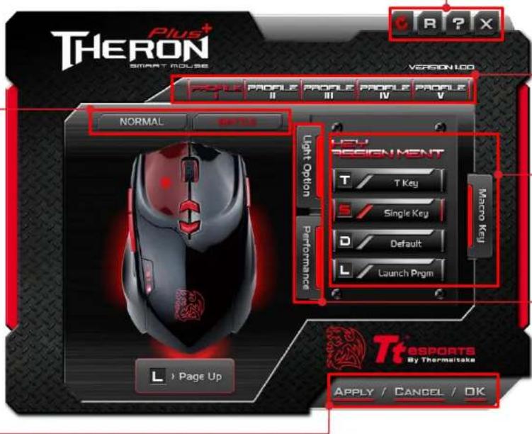 THERON Plus SMART MOUSE C R P X VERSION 1.00 PAPLE I II III IV V NORMAL MASC Light Option Performance KEY DESIGNMENT T / T Key S / Single Key D / Default L / Launch Prgm Macro Key T esports By Thermaitake L > Page Up APPLY / CANDEL / OK