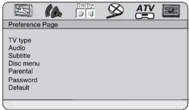 Preference Page TV type Audio Subtitle Disc menu Parental Password Default