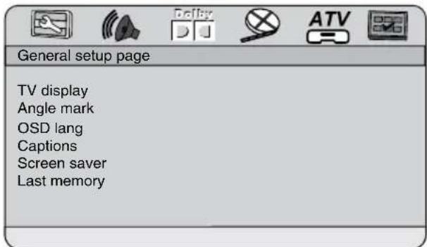 General setup page TV display Angle mark OSD lang Captions Screen saver Last memory