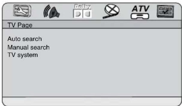 TV Page Auto search Manual search TV system