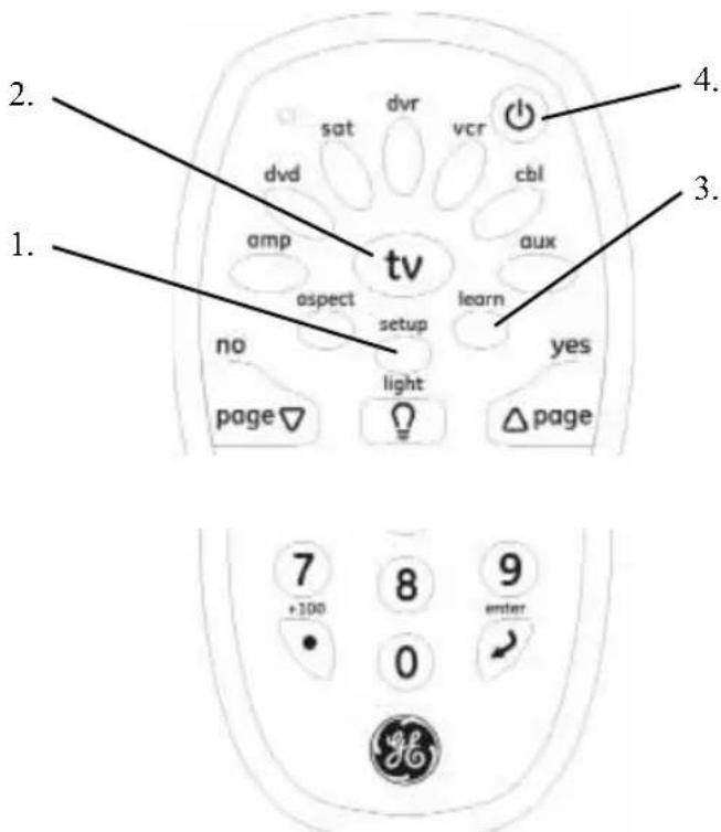 2. sat dvr vcr cbl amp cvt axx aspect learn setup no yes light page page 7 +100 8 enter 9 0 GE