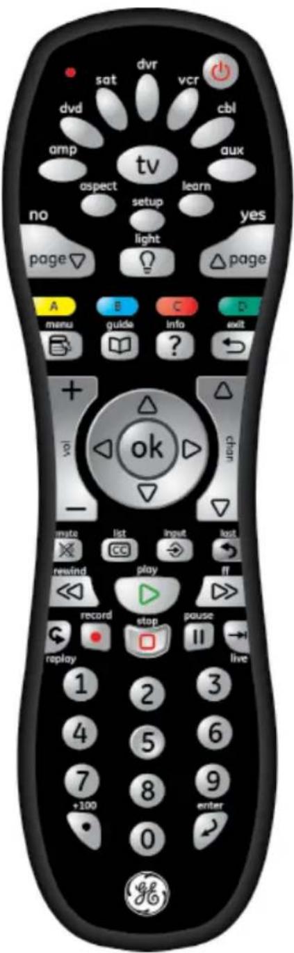 sat dvr vcr cdl amp tvs aux aspect setup learn no yes page▼ light △ page A E C D menu guide info exit ? + × ok char - remote list input last × × rewind play ff record stop pause replay 1 2 3 4 5 6 7 8 9 +100 enter 0