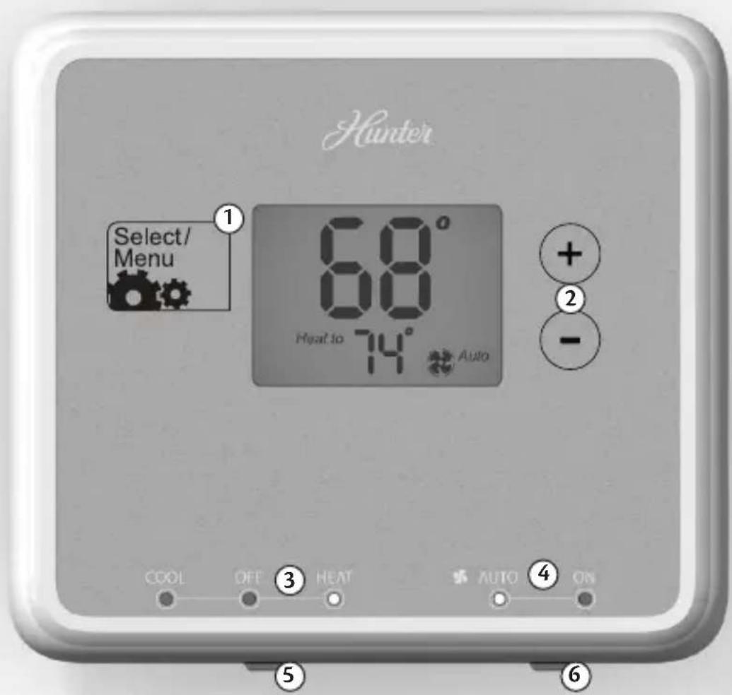 Hunter Select/ Menu 68° Heat to 74° Auto COOL OFF HEAT AUTO ON + - -