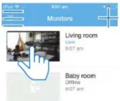 iPod 9:07 am Monitors Living room Live 9:07 am Baby room Offline 9:07 am