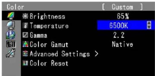 Color Brightness 65% Temperature 6500K Gamma 2.2 Color Gamut Native Advanced Settings > Color Reset