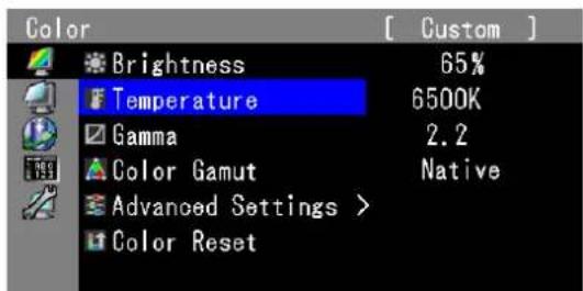 Color Brightness 65% Temperature 6500K Gamma 2.2 Color Gamut Native Advanced Settings > Color Reset