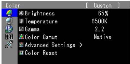 Color Brightness 65% Temperature 6500K Gamma 2.2 Color Gamut Native Advanced Settings > Color Reset