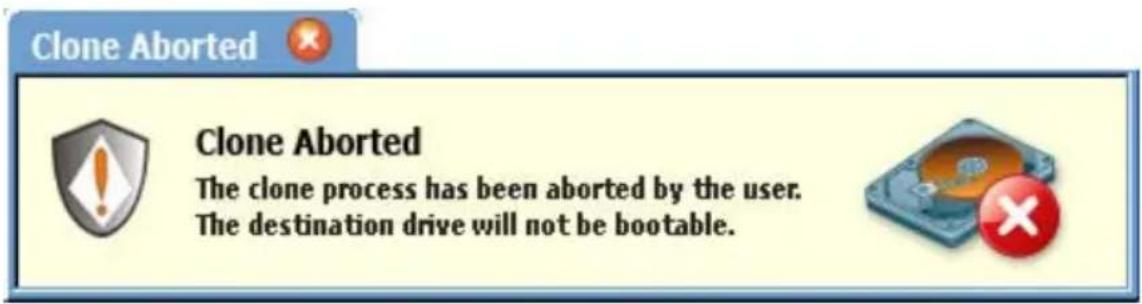 Clone Aborted Clone Aborted The clone process has been aborted by the user. The destination drive will not be bootable.