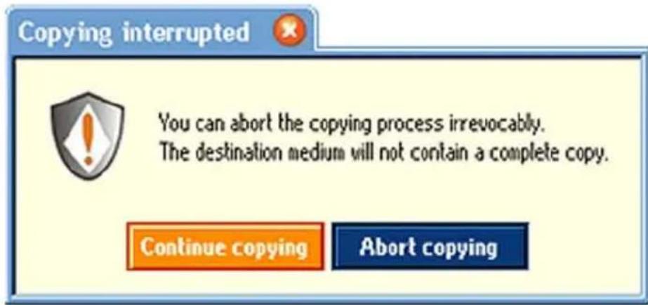 Copying interrupted You can abort the copying process irrevocably. The destination medium will not contain a complete copy. Continue copying Abort copying