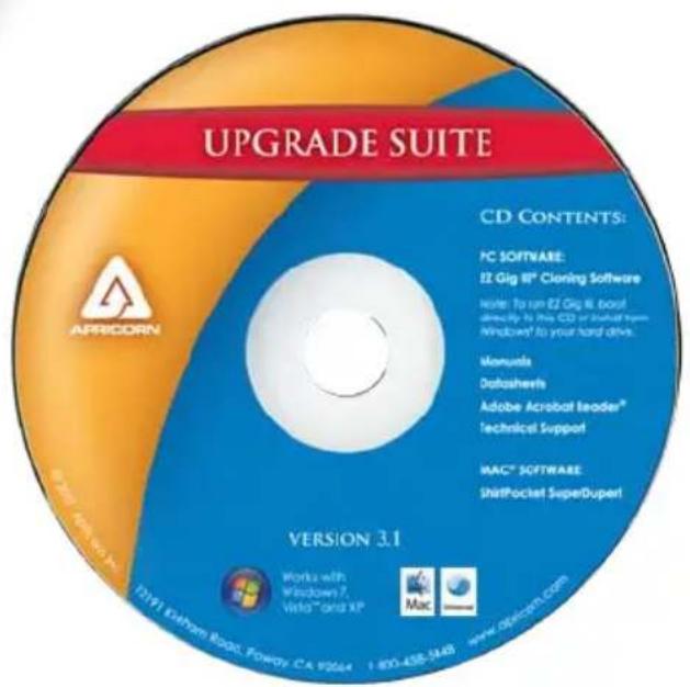 UPGRADE SUITE CD CONTENTS: PC SOFTWARE: EZ Gig III Cloning Software Note: To run EZ Gig III Good directly to this CD or installed from Windows® to your hard drive. Monula Datasheets Adobe Acrobat leader® Technical Support MAC® SOFTWARE ShiftPocket SuperDupert VERSION 3.1 TIFI Extrem Book, POWO2.C.A.V5044 180-458-548 www.owincen.com