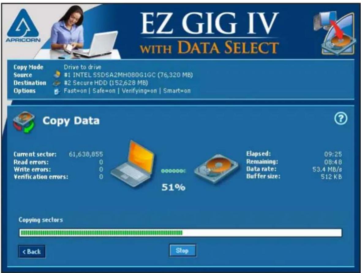 EZ GIG IV WITH DATA SELECT Copy Mode Drive to drive Source #1 INTEL SSDSA2MH080G1GC (76,320 MB) Destination #2 Secure HDD (152,628 MB) Options Fast=on | Safe=on | Verifying=on | Smart=on Copy Data Current sector: 61,638,855 Read errors: 0 Write errors: 0 Verification errors: 0 Elapsed: 09:25 Remaining: 08:48 Data rate: 53.4 MB/s Buffer size: 512 KB 51% Copying sectors < Back Stop