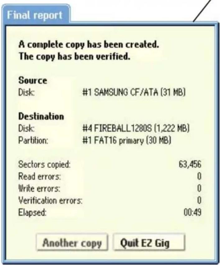 Final report A complete copy has been created. The copy has been verified. Source Disk: #1 SAMSUNG CF/ATA (31 MB) Destination Disk: #4 FIREBALL1280S (1,222 MB) Partition: #1 FAT16 primary (30 MB) Sectors copied: 63,456 Read errors: 0 Write errors: 0 Verification errors: 0 Elapsed: 00:49 Another copy Quit E2 Gig