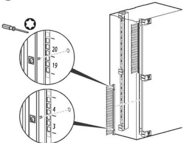 Technical diagram showing component alignment of a server rack with numbered parts and screwdriver insertion instructions