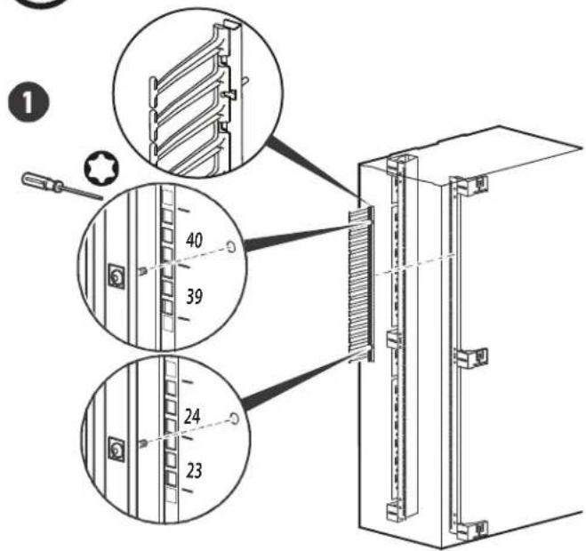 Technical diagram showing assembly of a server rack with labeled components and parts, including screwdriver and numbered parts.