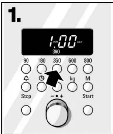 1. min:00 sec 360 90 180 360 600 800 Stop - + kg M Start