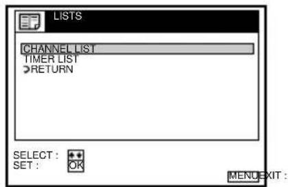 LISTS CHANNEL LIST TIMER LIST RETURN SELECT : + + SET : OK MENU EXIT :