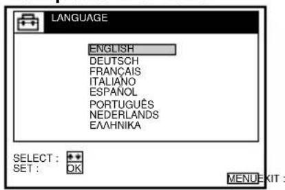 LANGUAGE ENGLISH DEUTSCH FRANÇAIS ITALIANO ESPÁNOL PORTUGUÉS NEDERLANDS EÀAHNIKA SELECT : SET : OK MENU EXIT :