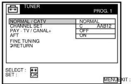TUNER PROG. 1 NORMAL / CATV CHANNEL SET C AAB12 PAY - TV / CANAL+ OFF AFT ON FINE TUNING RETURN SELECT : SET : OK MENU EXIT :