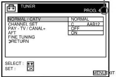 TUNER PROG. 4 NORMAL / CATV NORMAL CHANNEL SET C AAB12 PAY - TV / CANAL+ AFT OFF FINE TUNING ON RETURN SELECT : ●● SET : OK MENU EXIT :