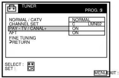 TUNER PROG. a NORMAL / CATV CHANNEL SET PAY - TV / CANAL+ AFI FINE TUNING RETURN NORMAL C LMN02 ON ON SELECT : SET : OK MENU EXIT :